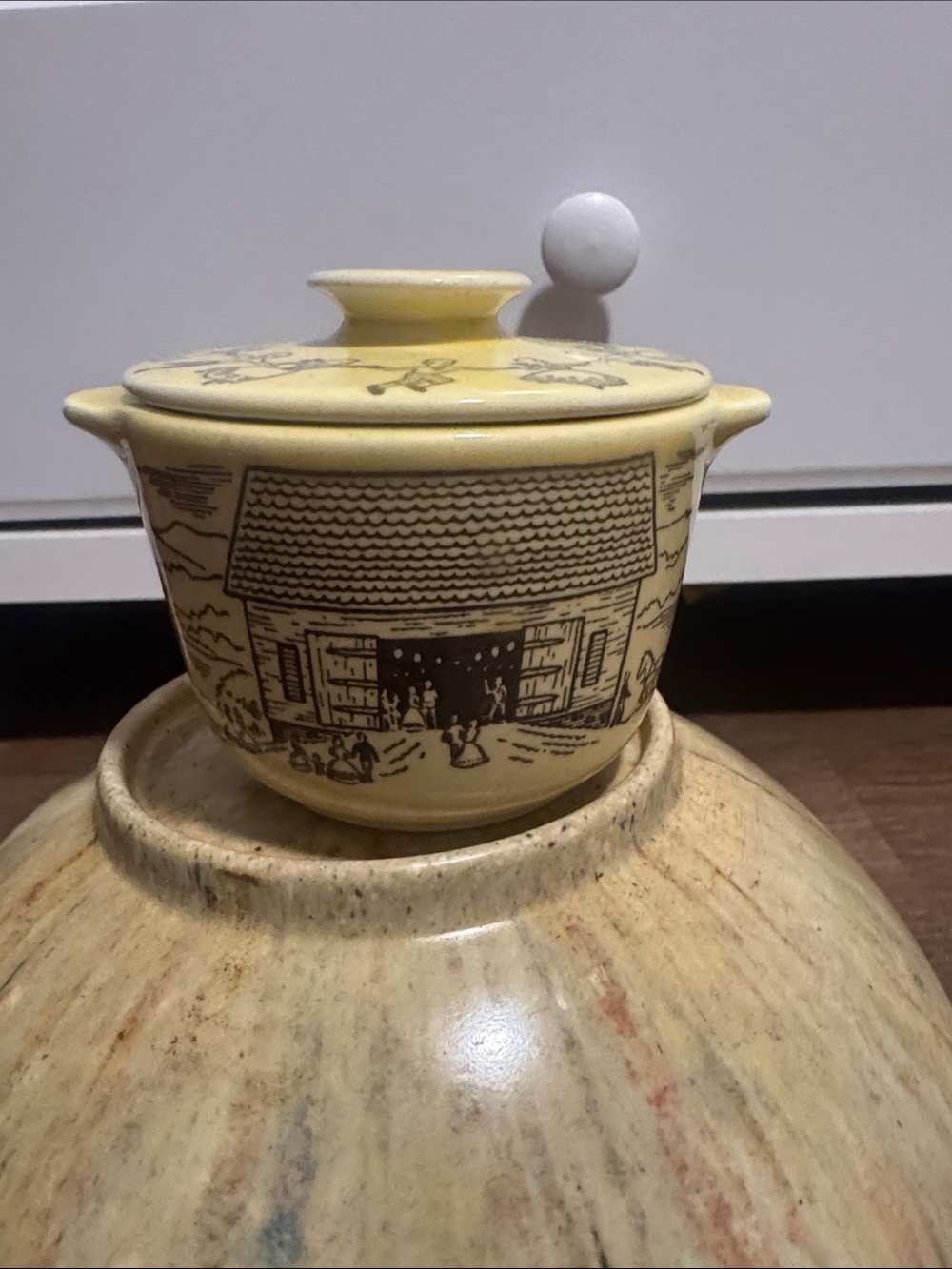 Yellow Illustrated Ceramic Lidded Sugar Pot with Vintage Barn Motif